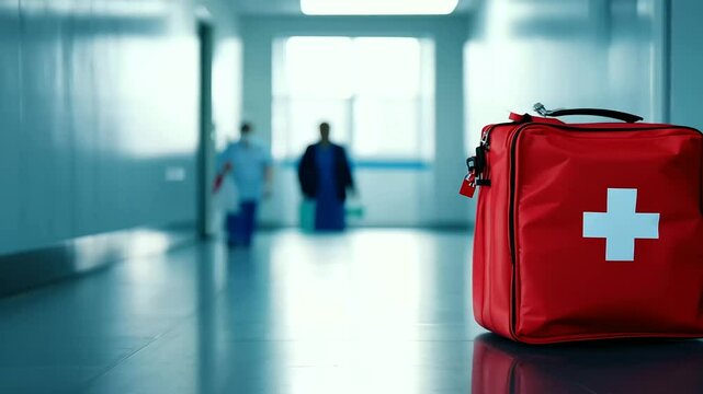 red first aid kit bag handing on wall of hospital hall