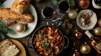 Festive holiday table setting with bread, cheese, stew, wine, and Christmas decorations, perfect for seasonal celebrations.