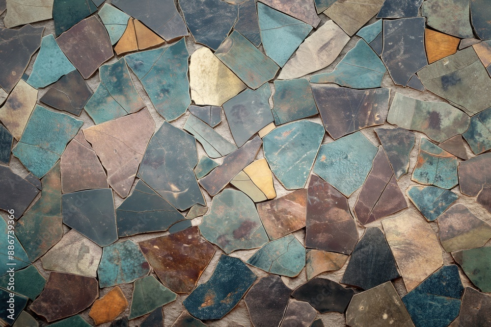 Poster mosaic art piece composed of blue and green tiles on beige background. close-up view showcases overl