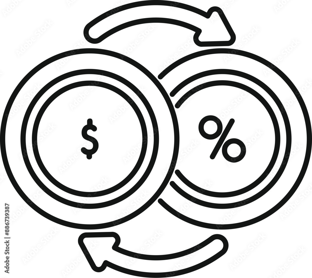 Poster Line art style icon of currency exchange showing converting dollar to percentage and back with arrows