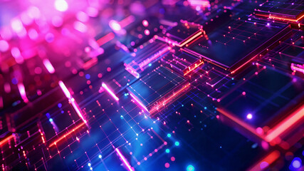 High tech futuristic 3D background design with neon blue and purple lighting. Generative AI