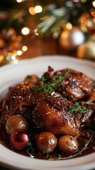 Festive roasted chicken with herbs and potatoes, perfect for Christmas dinner. Warm, savory, and beautifully garnished holiday meal.