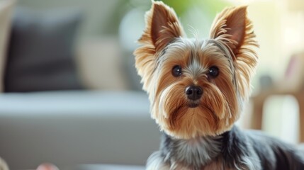 A Yorkshire Terrier dog standing alertly