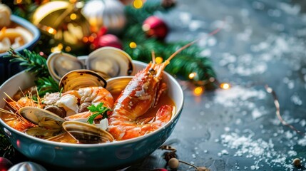 Festive seafood dish with shrimp, clams, and prawns, perfect for holiday dining with a touch of seasonal decor in the background.