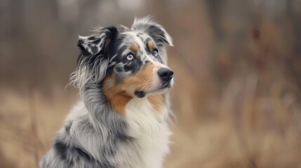 A Blue Merle Australian Shepherd sitting and looking attentively