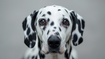 Dalmatian dog, with its distinctive black spots and bright eyes highlighted, set against a simple, clean background