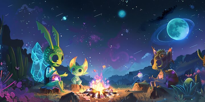 Diverse group of fantastical alien diplomats gathered for interstellar negotiations. Science fiction concept