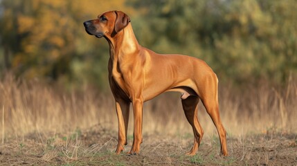 A Rhodesian Ridgeback dog standing proudly in a field