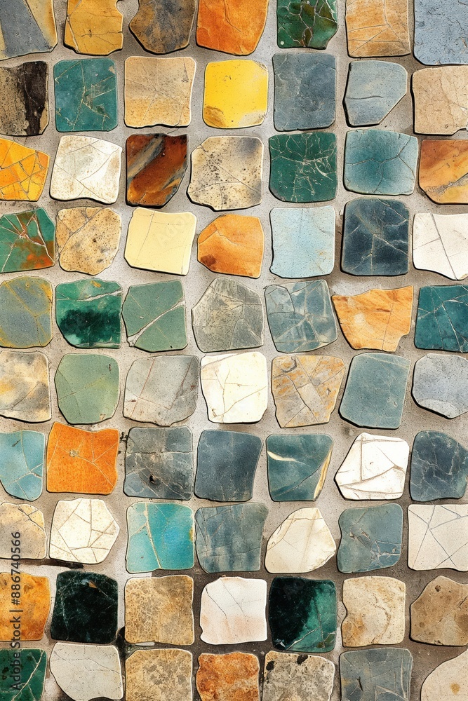 Poster vibrant mosaic artwork on gray background. colorful tiles overlap to create dynamic visual effect. p