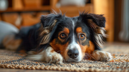 dog lies on blanket, banner, indoor pet