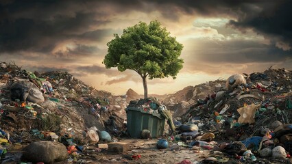 Lonely tree among a garbage dump - a symbol of hope and resilience

