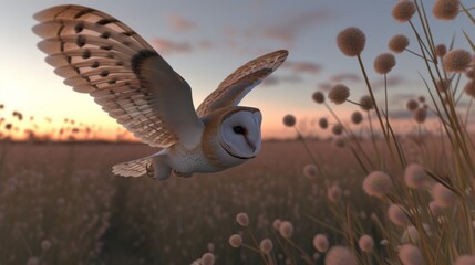 Obraz premium A Barn Owl in mid-flight, with its wings spread wide and feathers detailed