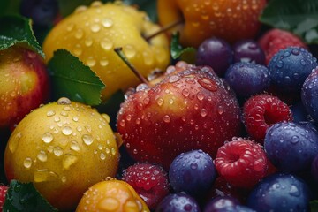 In the plate, there were delicious, appetizing fresh fruits—grapes, apples, and strawberries. The fruits were glistening in the sun.
