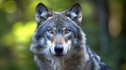 Fototapeta premium Gray Wolfs face, highlighting its piercing eyes and thick fur