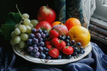 In the plate, there were delicious, appetizing fresh fruits—grapes, apples, and strawberries. The fruits were glistening in the sun.