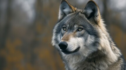 Gray Wolfs face, highlighting its piercing eyes and thick fur