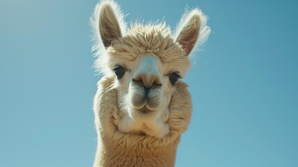 A headshot of a white alpaca with its fluffy fur and gentle expression, set against a clear blue sky