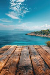 Obraz premium Wooden table with a picturesque background of the sea, island, and blue sky, highquality image, eyelevel view, tranquil and scenic ambiance
