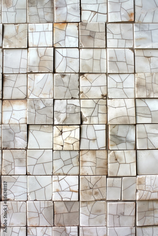 Poster white mosaic tiles cracked grid pattern texture background. close-up view of wall with subtle gray c