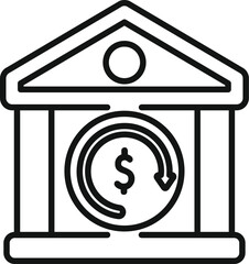 Line art style icon of a bank building with money turnover symbol inside, representing financial transactions and banking services