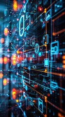 Fototapeta premium Edge computing, data processing benefits, latency reduction, wideangle view, glowing tech icons, vibrant digital network, efficient and fast response