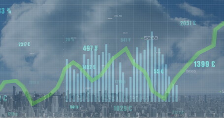 Image of graph, changing numbers with currency symbols over modern cityscape against cloudy sky