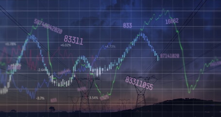 Image of statistical data processing and changing numbers over network towers against dark sky