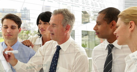 Image of financial data processing over diverse business people