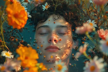 The face of a handsome young Caucasian man with dark hair. Everything around him is filled with flowers, petals on his face.