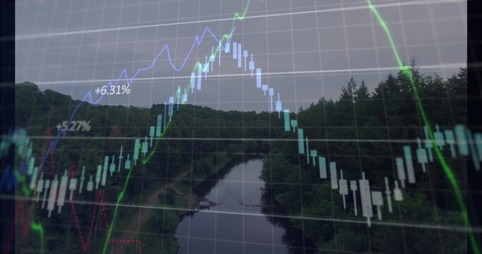 Image of financial data processing against aerial view of river and forest