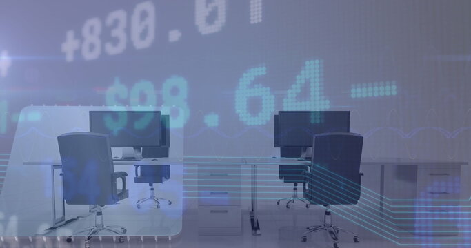 Image of stock market data processing against empty office