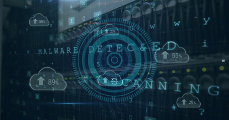 Image of circles, texts, letters, symbols, arrows, numbers in clouds, back panel of server rack