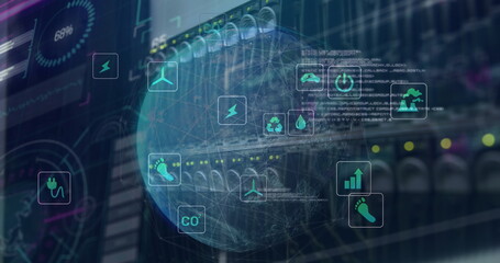 Image of icons, computer language, connected lines over globe against back panel of server rack