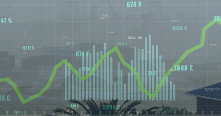 Image of financial data processing over cityscape