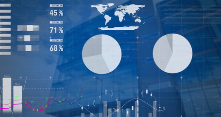 Image of financial data processing over modern office building