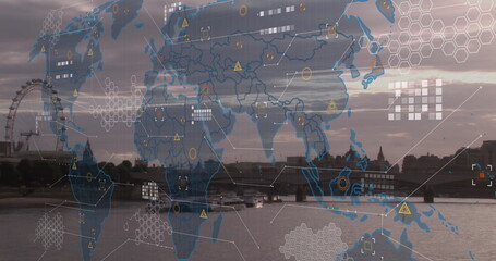 Image of financial data processing over wold map and london cityscape