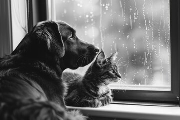 By the window, a dog and a cat are sitting, looking out at the rain. Black and white style.
