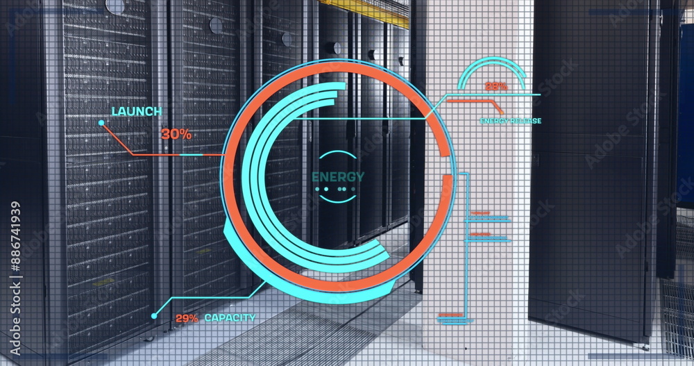 Poster image of round scanner and data processing against computer server room