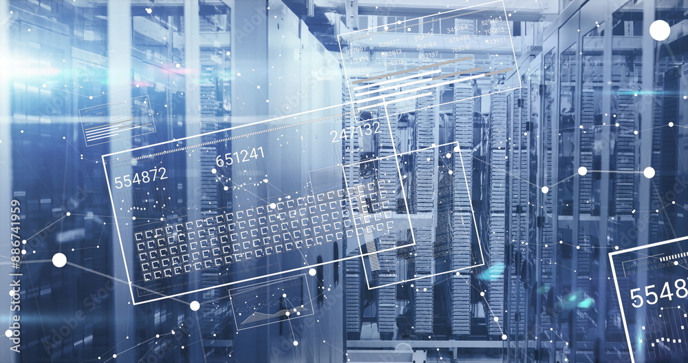 Poster image of changing numbers loading bars and squares over server room in background
