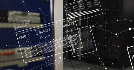 Image of shapes and data processing over server room