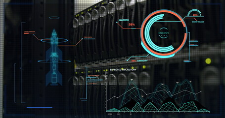 Image of digital rocket and data processing over server room