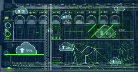 Image of clouds with percents and data processing over server room