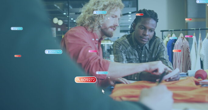 Image of social media data processing over diverse creative businessmen in office