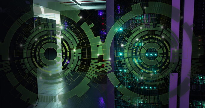 Image of two green round scanner spinning against computer server room - Powered by Adobe
