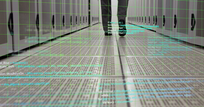 Image of businessman walking and data processing over server room