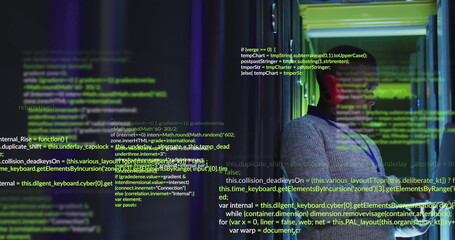 Image of data processing over african american male engineer using digital tablet at server room