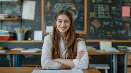 Smiling Student in Classroom, Diverse Education Concept, Study Environment, Learning Enthusiasm, Young Woman with Long Hair