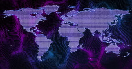 Image of world map over purple shapes on black background © vectorfusionart