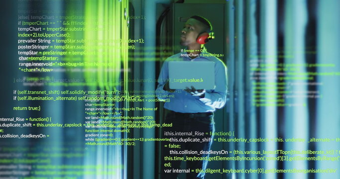 Image of data processing over african american male engineer using laptop at server room