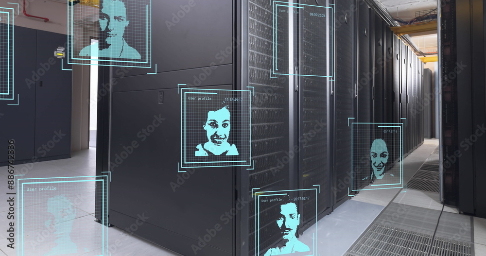 Poster image of multiple profile icons against empty computer server room